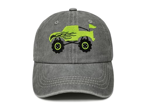 Embroidered Baseball Hats for Girls Boys - color: Monster Truck (Washed Gray)