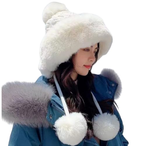 Winter Pompom Beanie Hats for Women Fluffy Knit Skull Cap Womens Faux Fur Crochet Warm Bucket Outdoor Ear Cover - color: White