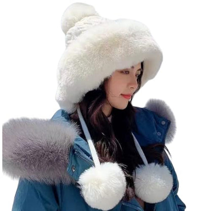 Winter Pompom Beanie Hats for Women Fluffy Knit Skull Cap Womens Faux Fur Crochet Warm Bucket Outdoor Ear Cover - color: White