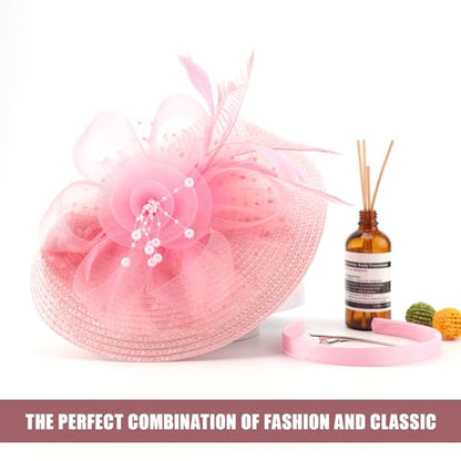 DRESHOW Fascinators Hat Flower Mesh Feathers Hat with a Headband and a Clip 7.9" Tea Party Headwear for Women - color: Folded Style 2: Pastel Pink / 7.9"