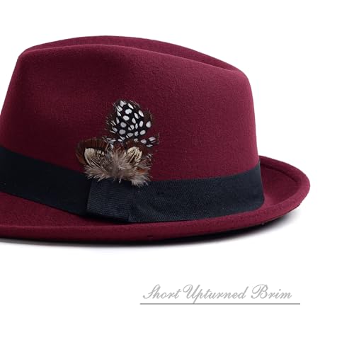 Short Brim Fedora Hat for Men Women Felt Trilby with Feather - color: Burgundy