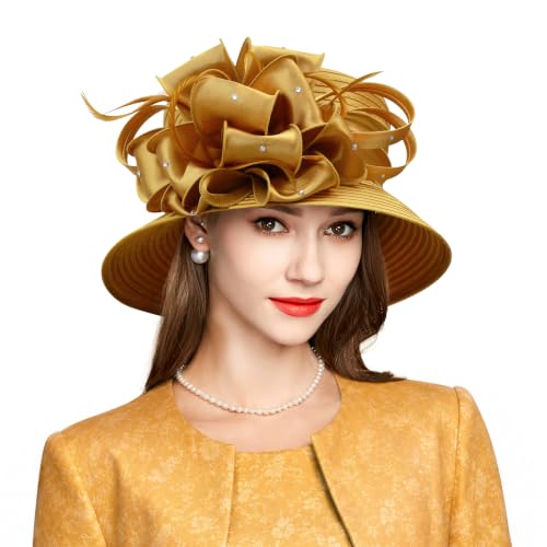 2026 Bucket Hats for Women Ladies Girls, Autumn Winter Fascinator Hat for Derby Kentucky Church Bridal UV Protection - color: A-4585gold