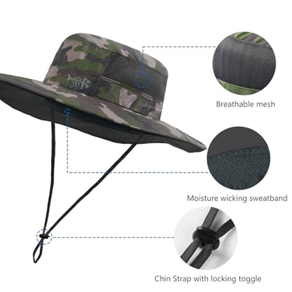 BASSDASH UPF 50+ Fishing Sun Hat Water Resistant Unisex Wide Brim Bucket Boonie Hat for Hiking Camping Safari FH15 - color: Army Green Camo, size: Medium
