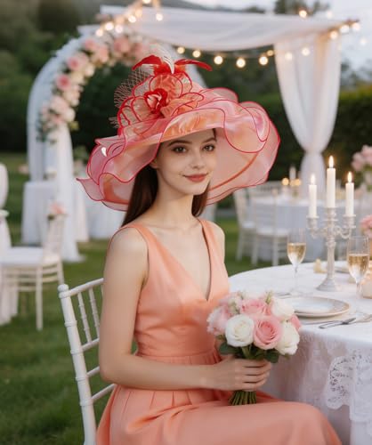 Organza Church Derby Hats for Women Wedding Tea Party Fascinator Floral Wide Brim Sun Hat - color: Style04 Peach Red