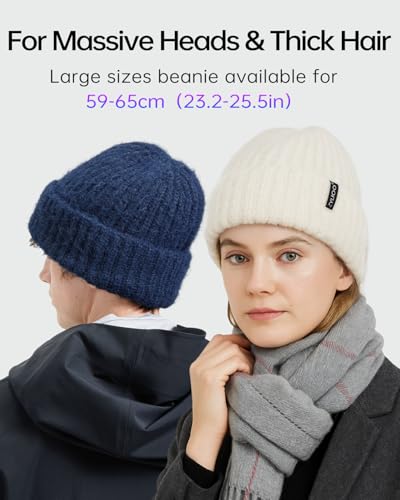 XXL Chunky Beanie for Big Heads Men Women,Loose Thick Knit Winter Hat - color: Beige-white