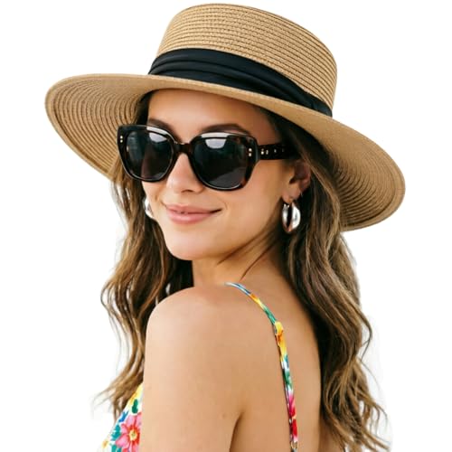 DRESHOW Women Straw Panama Hat Travel Fedora Beach Sun Hat Summer Wide Brim Straw Roll up Hats UPF 50+ - color: Fedora L Khaki