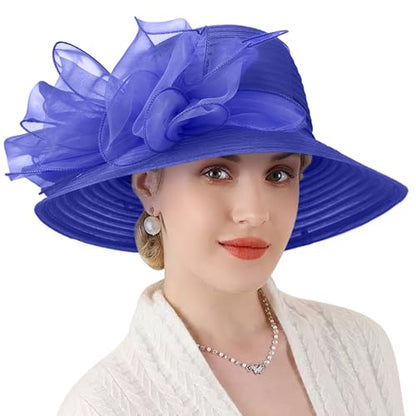 DRESHOW Lady Derby Dress Church Bowler Cloche Hat Bowknot Organza Bridal Cap for Wedding - color: 1 Pack Bowler Hat: Sapphire Blue
