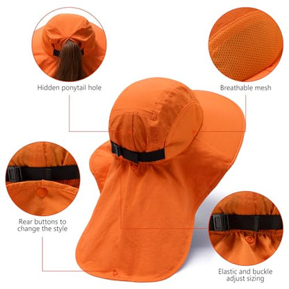 BASSDASH UPF 50+ Unisex Water Resistant Wide Brim Sun Hat with Large Neck Flap Ponytail Fishing Hat for Men Women - color: Orange