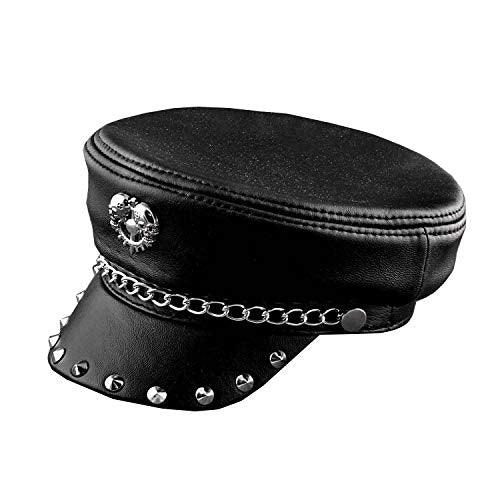 vogueteen New! Metal Rivet Studded Skull Mens Genuine Leather Biker Punk Rocker Cap Hat - size: 7 1/8-7 1/4