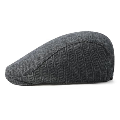 FEINION Men Wool Blend Flat Cap Tweed Newsboy Ivy Hat - color: Herringbone Grey