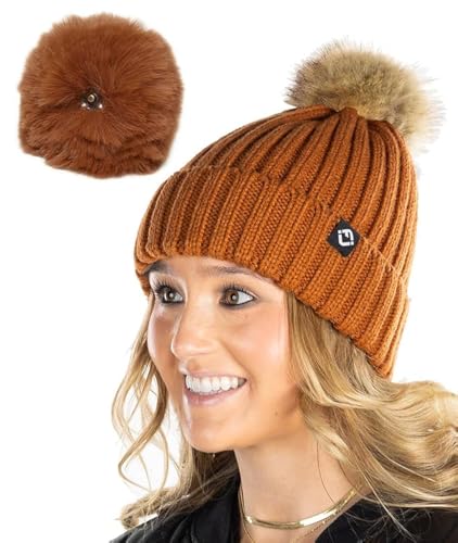 Funky Junque Women’s Winter Detachable Pom Beanie – Warm Knit Hat with Removable Faux Fur Pom, Soft Stretch Acrylic Cozy Cap - color: Rust