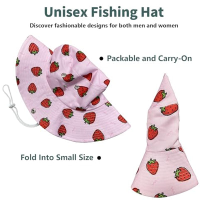 Funny Sun Hat for Men Women Wide Brim Bucket Hat Hiking Boonie Hat Summer Beach Fishing Caps - color: Strawberry