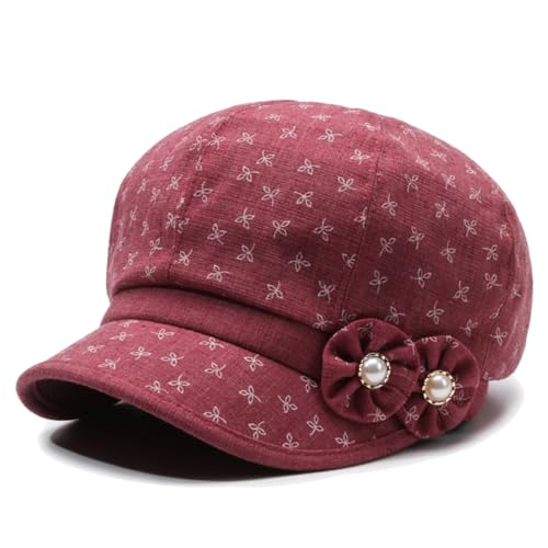 Women's Lady's Cotton Beret Cap Newsboy Cap Drawing Beret Hat Bakerboy Cabbie Cap with Bowknot Decor - color: Deep Red