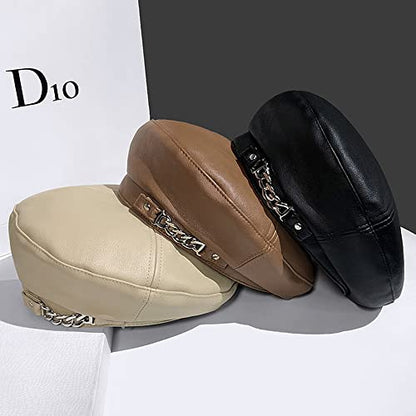 Women's PU Leather French Artist Beret Cap - color: Brown