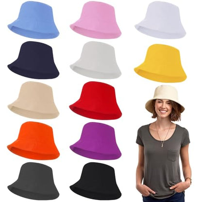 12 Pcs Bucket Hats - Plain Bucket Sun Hats for Men and Women, Unisex Solid Color Summer Caps, Foldable Cotton Fisherman Hats for Outdoor Walking, Hiking, Fishing, Travel