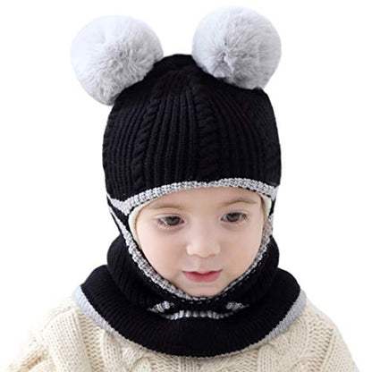 Toddler Winter Hat Baby Balaclava 2 in 1,Fleece Lined Knitted Beanie with Face Mask, Ear Flaps & Pom Pom for Boys Girls - color: Bear-black