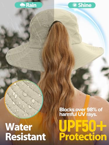 EW East Water Sun Beach Hat for Women, UPF50+ Waterproof with Ponytail Hole - color: Beige