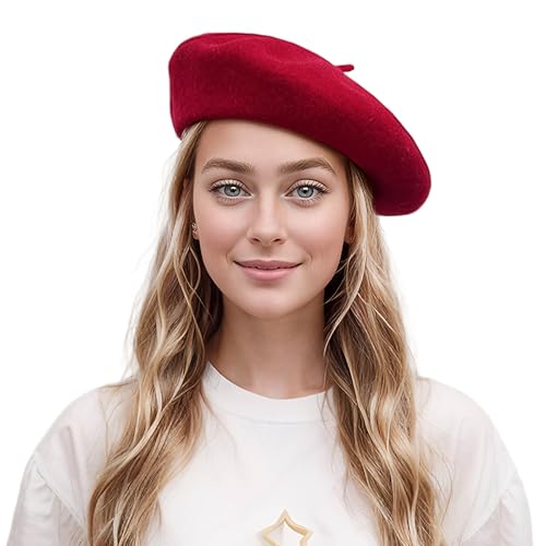 Lanzom Wool Blend Women Beret Hat French Beret Cap Winter Fashion Solid Color Hat for Women Girls Lady - color: Red