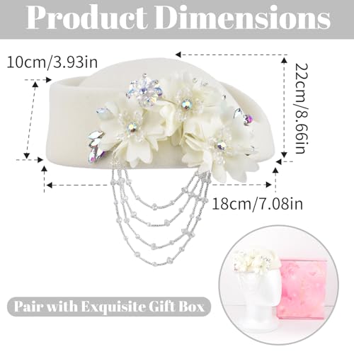 ASO OKE Beret Hats for Women British Felt hat Women's Church Derby with Tassel decorationhat Suitable for Wedding Parties - color: White