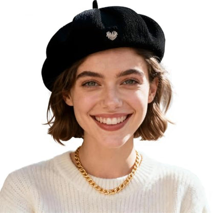 Women's Chenille Beret - Soft & Warm French Hat with Metal Heart Accent for Fall/Winter. - color: Black