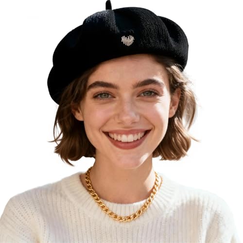 Women's Chenille Beret - Soft & Warm French Hat with Metal Heart Accent for Fall/Winter. - color: Black
