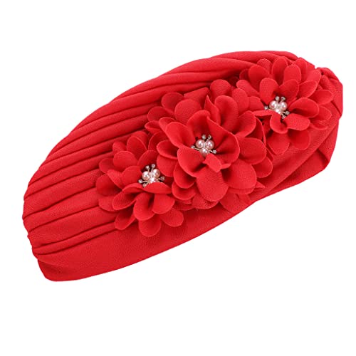 Flower Pre-Tied Turban Beanie, Soft Chemo Cap for Women Cancer Hair Loss - color: Red