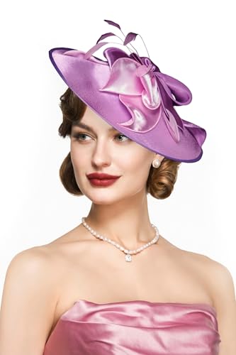 BABEYOND Derby Hats for Women Wide Brim Flower Feather Tea Party Fascinator - color: Light Purple