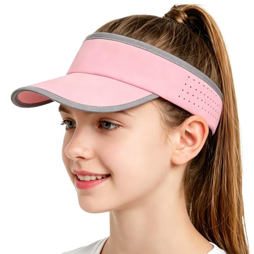 Kids Sun Visor Hats for Girls Boys Reflective Sports Hats Summer Beach Running Tennis Golf Caps Age 8-14 - color: Reflective Strip-pink 01