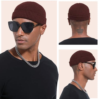 Thin Wool Fisherman Beanie Hat Unisex Cuffed Trawler Skull Cap - color: 1 Wine Red