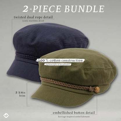 Funky Junque Greek Fisherman Newsboy Cap, Cotton Captains Bakerboy Hat - color: 2 Pack - Navy & Olive
