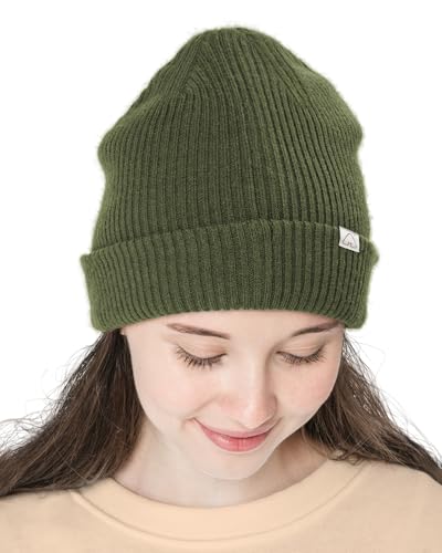 Hat Hut Wool Beanie Satin Lined Winter Hats Slouchy Beanie with Silk Lining Warm Wool Knit Ski Hat Cuffed Cap Women Men - color: Army Green