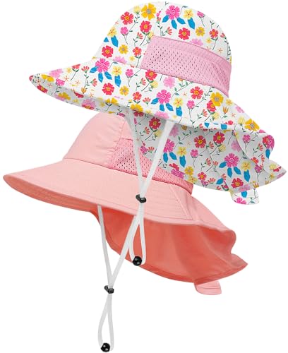 Toddler Baby Sun Hat Kids Summer Beach Essentials Adjustable Beach Hats with Bucket Wide Brim for Boys Girls Age 0-14 Years - color: 2 Pack - Light Pink+flower, size: 2-7 Years