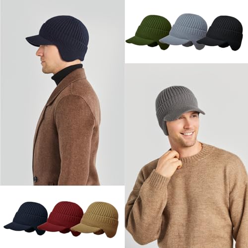 Men's Winter Hat with Brim, Warm Earflaps Hat for Men, Thick Fleece Lined Knit Winter Beanie Outdoor - color: Grey