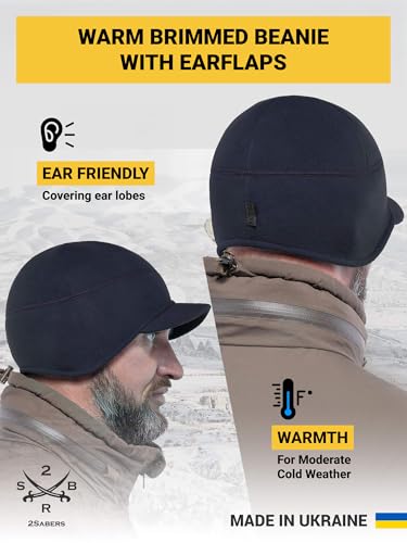 2SBR 2SABERS Fleece Winter Beanie with Visor - Men Women - Earflap Brim Skull Watch Cap Hat - color: Black, size: Small