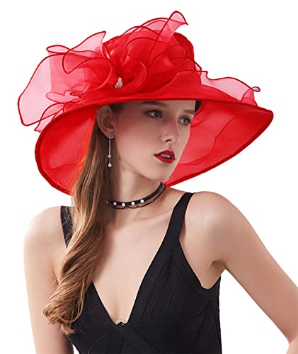 ORIDOOR Women’s Organza Church Tea Party Wedding Fascinator Derby Hat Wide Brim Sun Hats - color: 002 Red