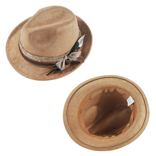 Fedora Trilby Hats for Men Women Handmade 1920s Classic Short Brim Hat with Feathers Unisex - color: Khaik