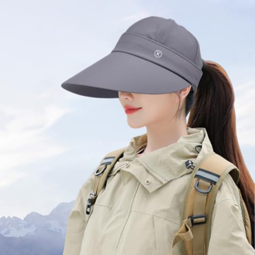 Women Sun Hats Detachable Wide Brim Sun Protection UPF 50+ Packable 2 in 1 Summer Beach Visor Cap - color: Grey