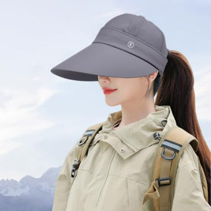 Women Sun Hats Detachable Wide Brim Sun Protection UPF 50+ Packable 2 in 1 Summer Beach Visor Cap - color: Grey