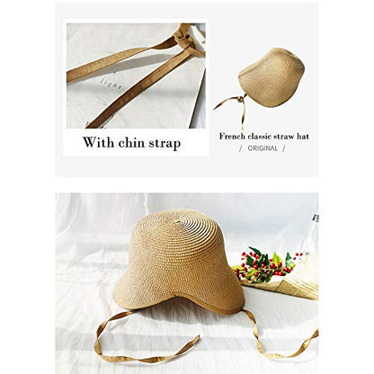 French Straw Bonnet Cap for Women Victorian Sun Hat Chin Strap Foldable