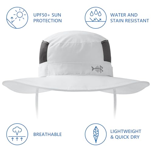 BASSDASH UPF 50+ Fishing Sun Hat Water Resistant Unisex Wide Brim Bucket Boonie Hat for Hiking Camping Safari FH15 - color: White, size: Medium