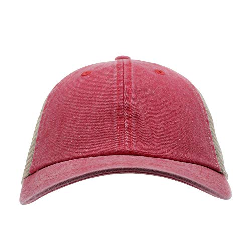 Vintage Washed Soft Mesh Cotton Adjustable Baseball Cap - color: Red/Tan