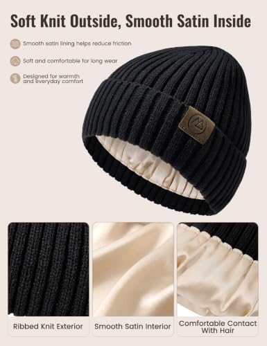 Durio Unisex Silk Lined Beanie Double Layered Winter Hats - color: Black