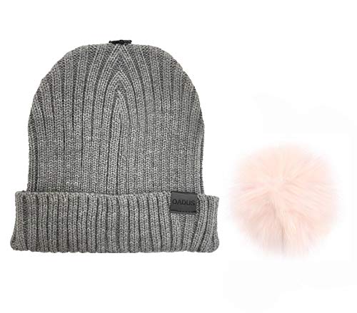 Women's Slouchy Winter Beanie Hat with Removable Faux Fur Pom - color: Light Grey/Light Pink Pom