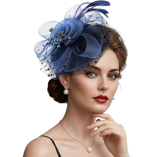 DRESHOW Fascinators Hats for Women Tea Party Hat Vintage Derby Pillbox Kentucky Hat Church Cocktail Headwear - color: 1 Pack Flower Feathers: Navy Blue