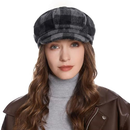 ZLYC Women Classic Newsboy Cap Visor 8 Panel Gatsby Cabbie Paperboy Hat - color: Plaid Black Gray