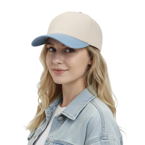 TOPTIE 5 Panel Trucker Hat Snapback Adjustable Cotton Sun Cap for Men - color: Royal Blue Beige