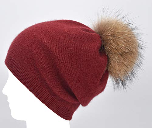 Women's Double Layer Winter Slouchy Knit Beanie Hat with Real Fur Pom Pom - color: Red