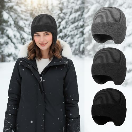 Bencailor 3 Pcs Knit Beanie Hats Winter Beanie with Earflap Black Gray Fleece Lined Hats for Men Women Warm Skull Cap Unisex Daily Headwear Winter Gifts