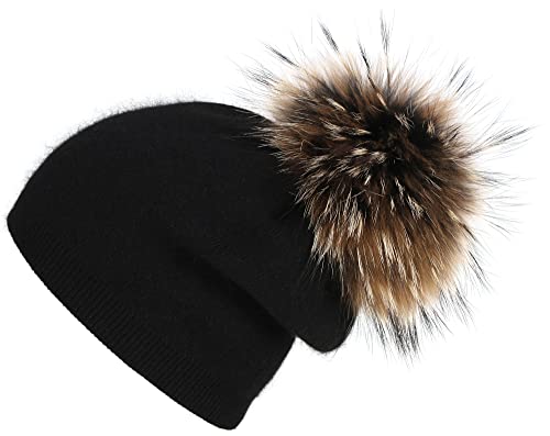 Women's Winter Double Layer Slouchy Beanie with Genuine Raccoon Fur Pom Pom - color: Black Yellow Pom 3