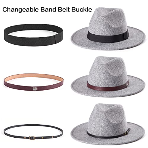 Felt Wide Brim Fedora Hats for Women Men, with Band Belt Buckle, Adjustable - color: P05 Light Grey